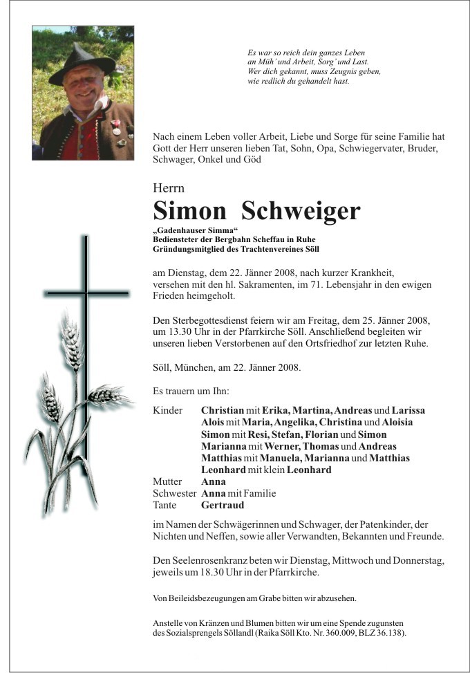 Nachruf Simon Schweiger